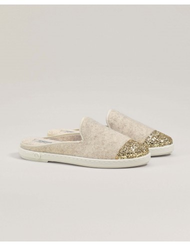 Mule femme laine, beige paillettes Pour