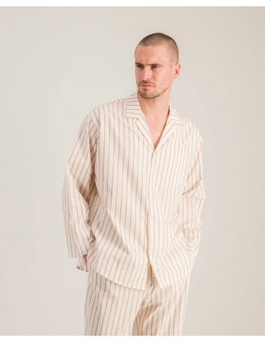 Chemise pyjama homme coton bio, rayures beiges de France