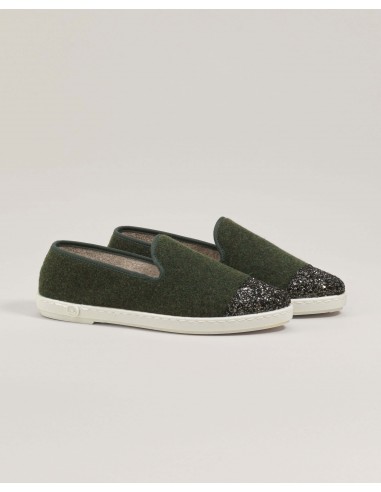 Women's wool slipper, green glitter les muscles